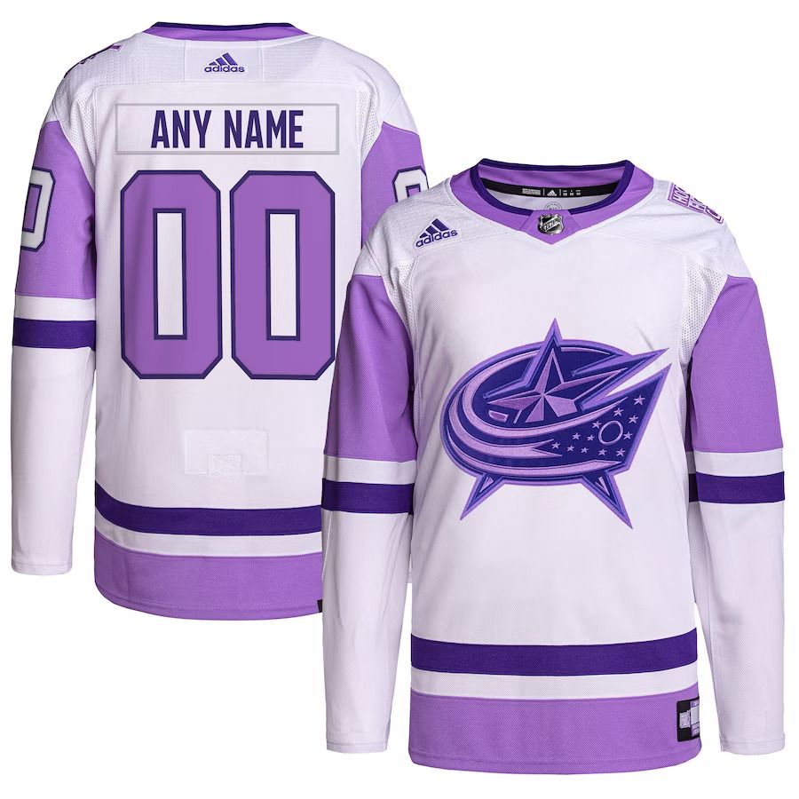 Men Columbus Blue Jackets adidas White Purple Hockey Fights Cancer Primegreen Authentic Custom NHL Jersey